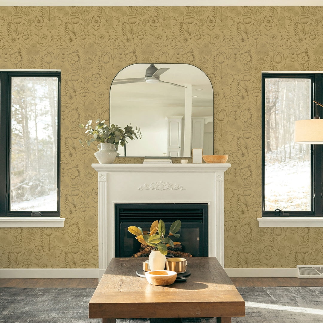 Tempaper Homestead Floral Metallic Gold Peel and Stick Wallpaper, 20.5" x 16.5'