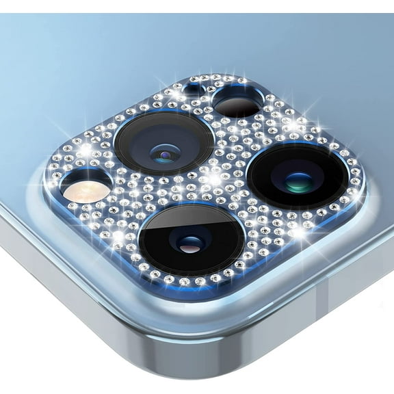 Camera Lens Protector Compatible with iPhone 13 Pro & 13 Pro Max for Women Girls Bling Glitter Diamond Metal Lens Protective Decoration Cover Accessories for 13 Pro / 13 Pro Max (Blue)