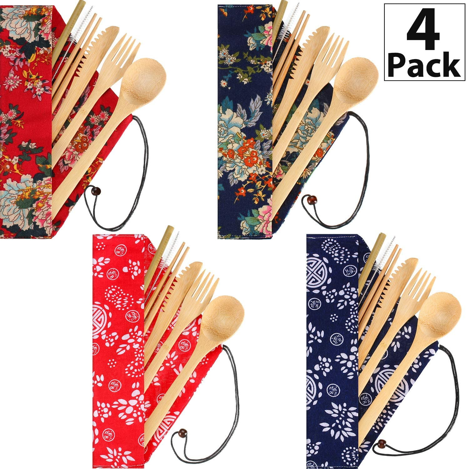 4 Sets Bamboo Travel Utensils Set, Reusable Bamboo Utensil ...