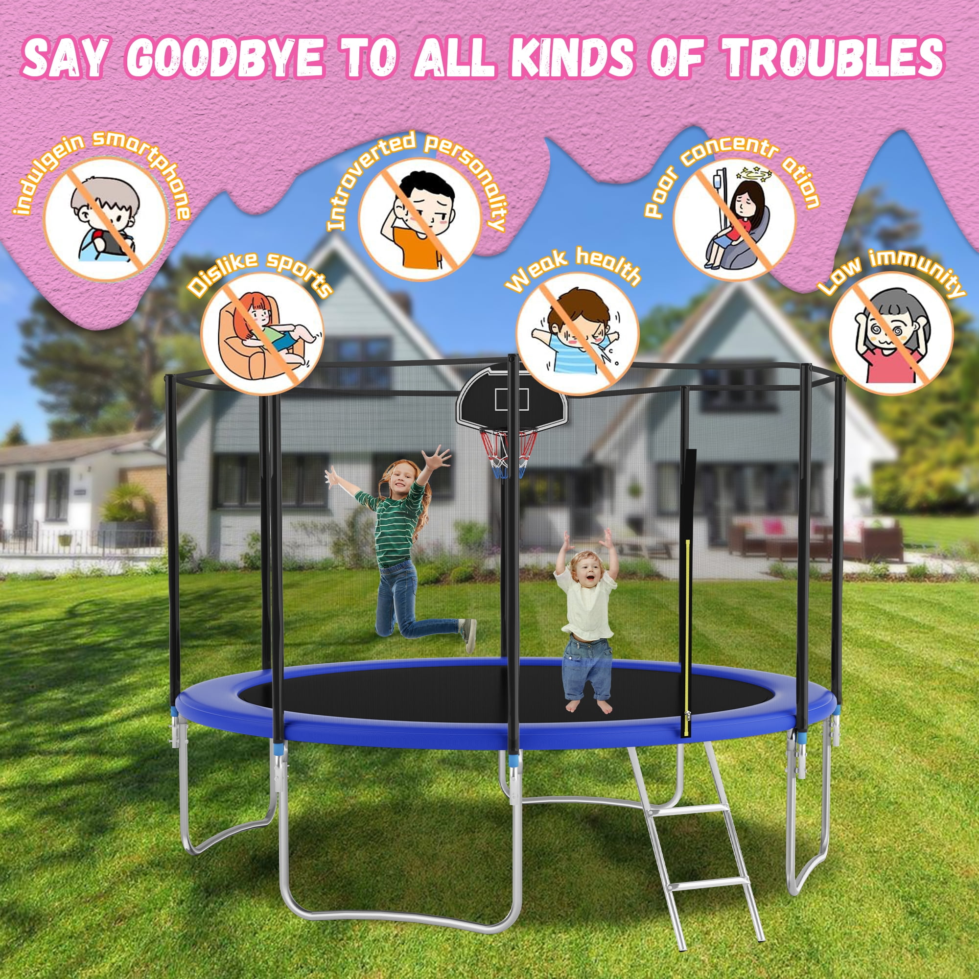 Shengchao Trade 1000LBS 12FT Trampoline for Adults and Kids,Trampoline with Enclosure,Basketball Hoop, Light,Recreational Trampoline with Ladder, Heavy Duty Trampoline Capacity for 4-6 Kids