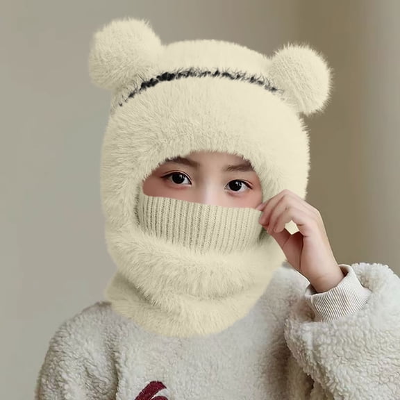 PInxai Hats for Girls Boys Fleece Lined Pullover Hat Winter Thick Warm Cute Hat with Attached Scarf for Cold Weather,White,3-6 Years