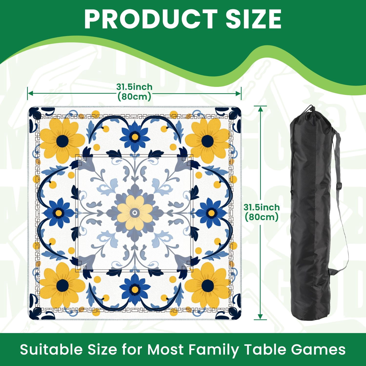 Mahjong Mat 31.5" x 31.5" Floral Symmetrical Yellow Blue Flowers White Non-Slip Noise Reduction American Mahjong Tiles Table Cover for Dominoes Poker Card Board Games Gift