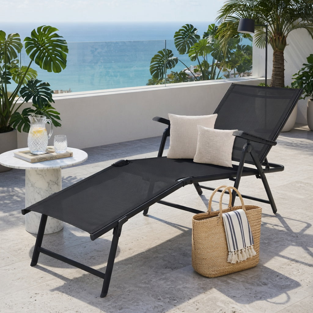 Hommoo Foldable Outdoor Chaise Lounge Chair with Adjustable Backrest & Footrest, Steel Frame, Breathable Fabric, Perfect for Patio, Poolside & Garden, Black