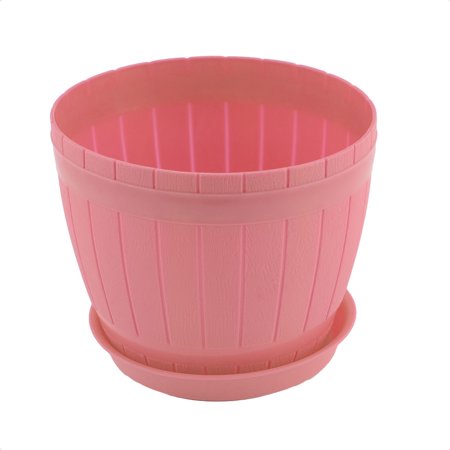 Pink Flower Shape - Home Office Hotel Decor Plastic Casks Shape Plant Flower Pot Holder Pink w Tray