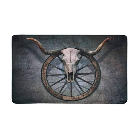 Old Door Decor MKHERT Vintage Bull Skull and Old Western Wagon Wheel on Scratched Wall Doormat Rug Home Decor Floor Mat Bath Mat 30x18 inch ()