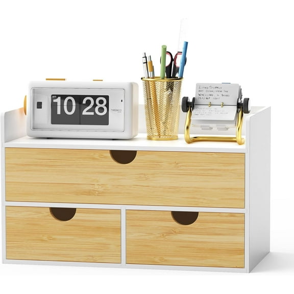 Desk Organizer with Drawers - Bamboo Desktop Organizer Storage | White-Natural Wood Desk Drawers Organizer for Bills, Office Supplies, Cosmetics, Seals No Assembly Required