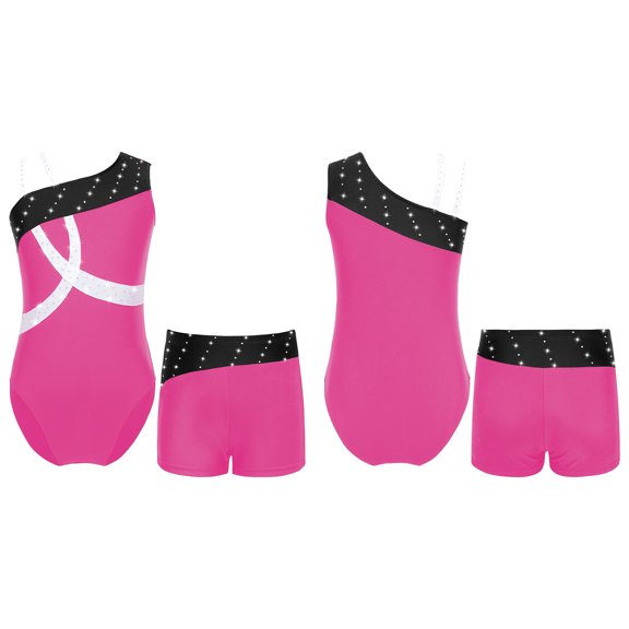 MSemis Kids Girls Sleeveless Shiny Diamond Gymnastics Dance Athletic Leotard with Shorts Sets