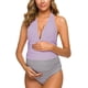 thumbnail image 3 of Trajes de baño de maternidad de una pieza Trajes de baño a rayas Halter Monokini con cuello en V profundo Trajes de baño de cintura alta Púrpura (S-Púrpura-S brillar Electrónica, 3 of 5