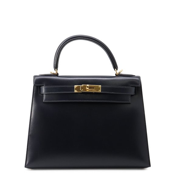Pre-Owned Hermes Kelly 28 handbag, navy box calf leather, E stamp, HERMES 2-way bag, Kelly,...