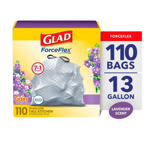 Glad ForceFlex 13-Gallon Drawstring Tall Kitchen Trash Bags, Gain Lavender Scent, 110 Bags