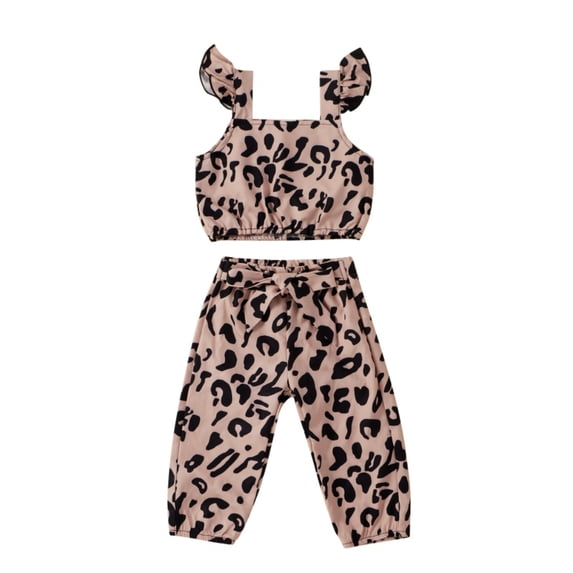 Lovebay Children Kids Baby Girls Leopard Crop Tops T-Shirt + Pants Outfits Clothes Set