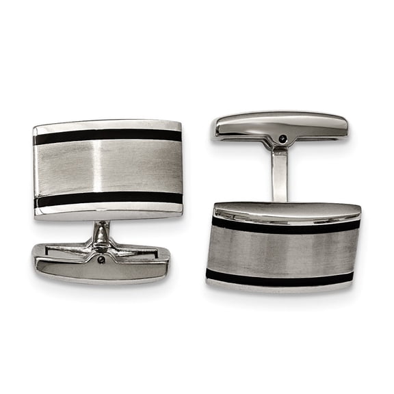Stainless Steel Brushed and Polished Black Rubber Rectangle Cuff Links - Measures 20x12mm Wide