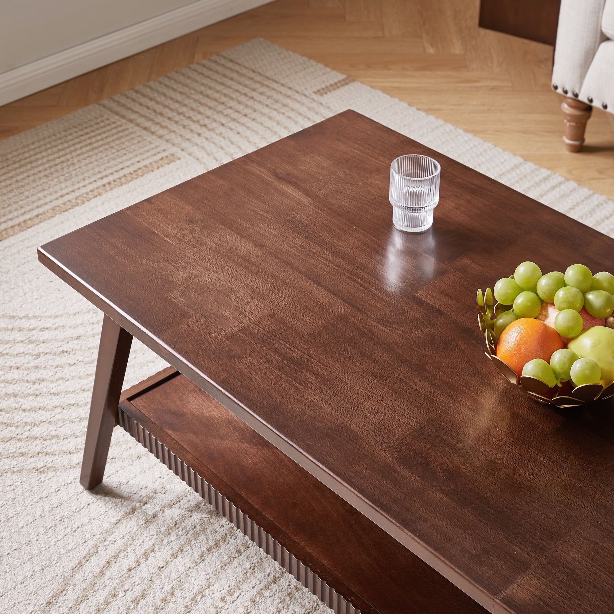 Solid Wood Coffee Table with Lower Storage Shelf, Walnut, 47.24 in x 23.62 in x 17.52 in
