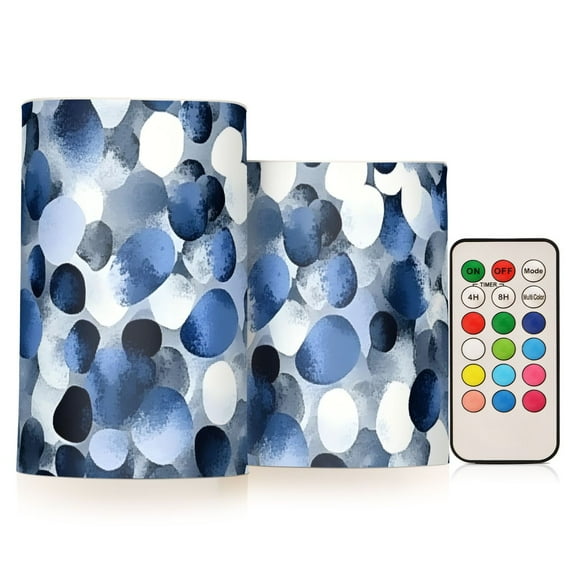 Blue Gray and White Dots Flickering Flameless Candles Battery Operated with Remote Timer LED Pillar Candles Set of 2