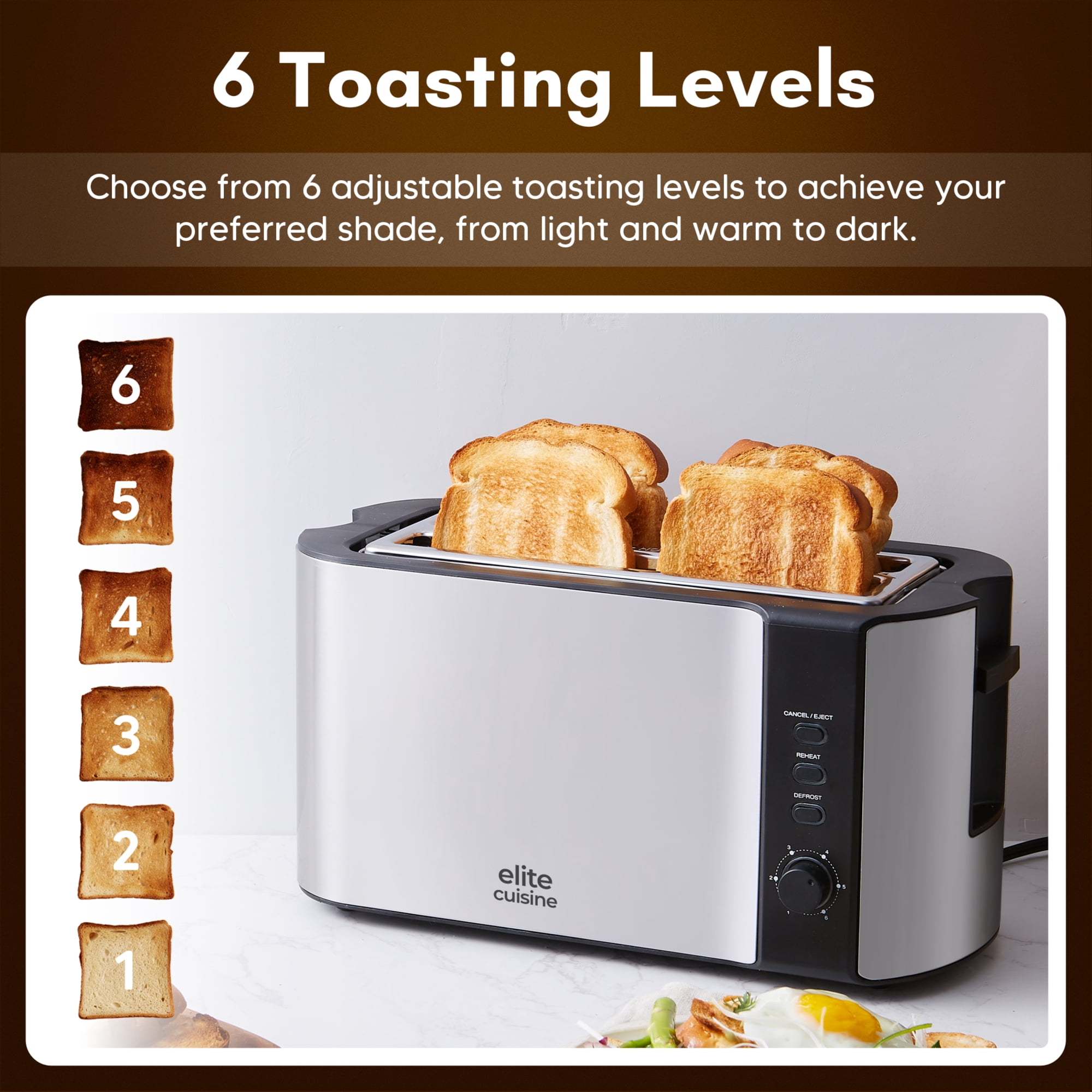 Elite Cuisine ECT3051 Stainless Steel 4 Slice Long Slot Toaster