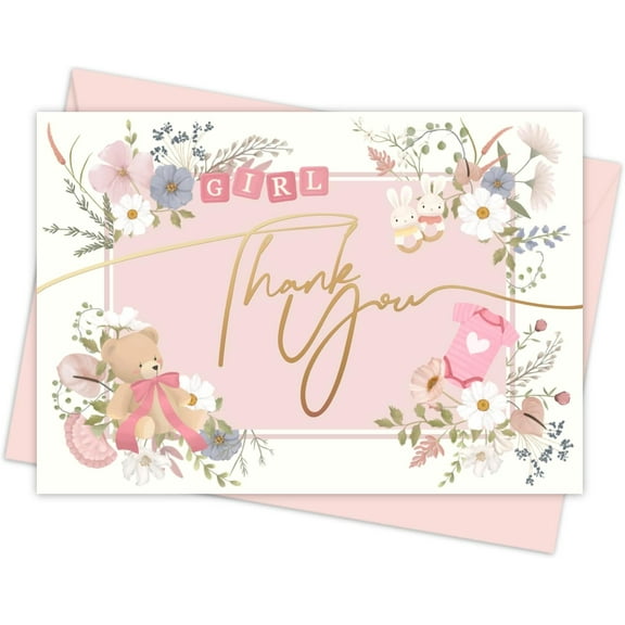 Thank You Card for Baby Girl – Cute Floral Design with Teddy Bear & Onesie – Envelope Included, Blank Inside – Perfect for Baby Showers and Newborn Gifts