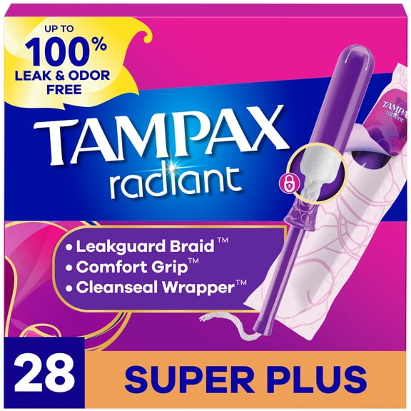 Tampax Radiant Tampons with LeakGuard Braid, Super Plus Absorbency, 28 Count