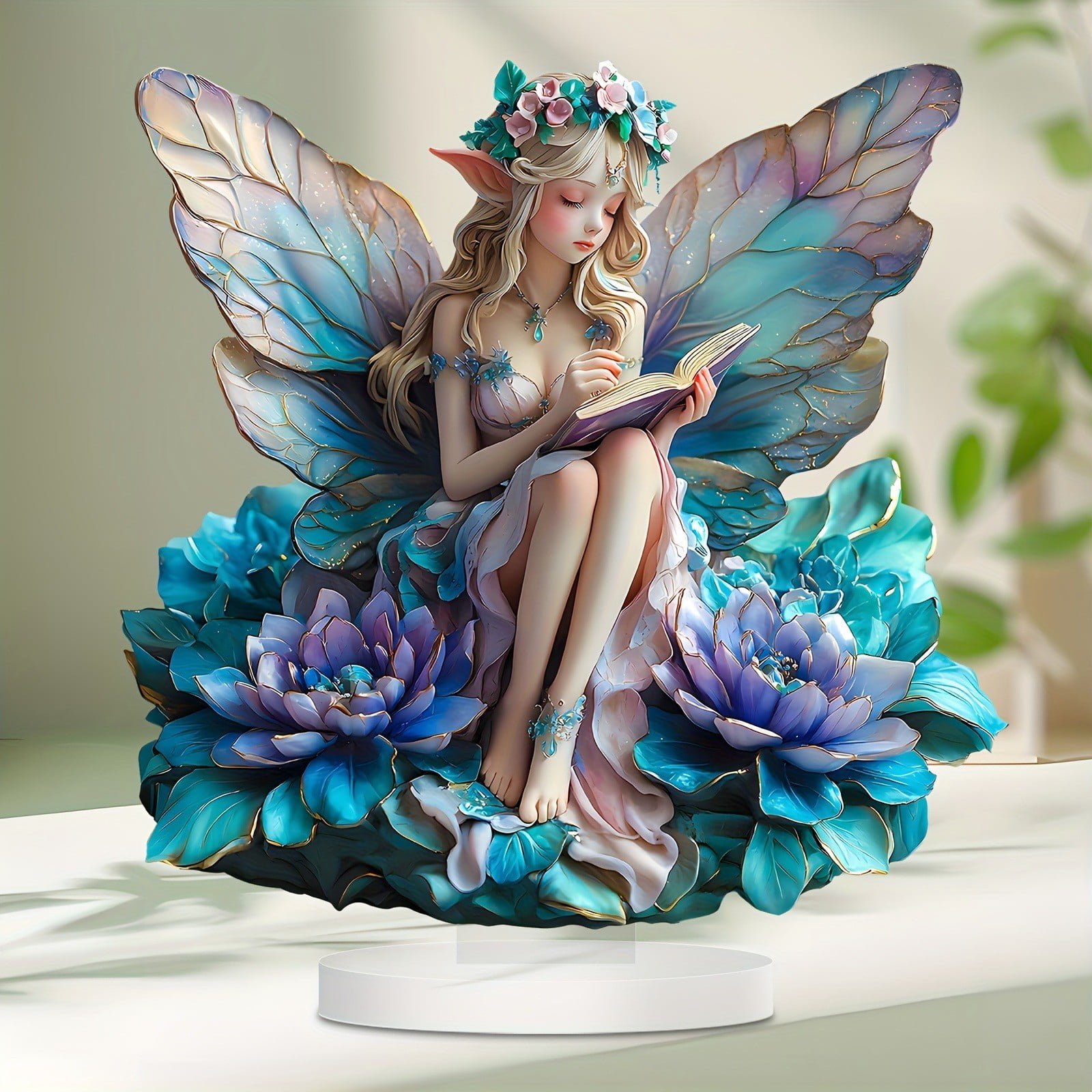 Fairy Garden Statue Decor,Butterfly Flower Elf Reading Book Statue Ornaments,Acrylic 2D Fairy Tabletop Decoration,Home Festival Party Decor