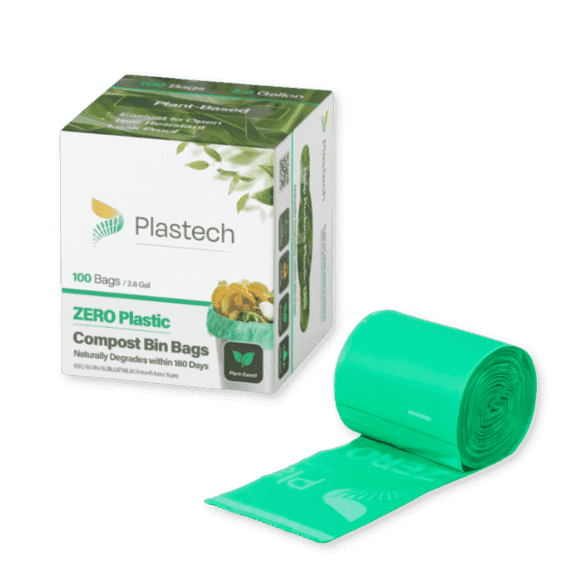 Plastech Compost Bin Bags - ZERO Plastic, 100% Certified Home Compostable, Plant-Based, 2.6 Gallon, 100 Count