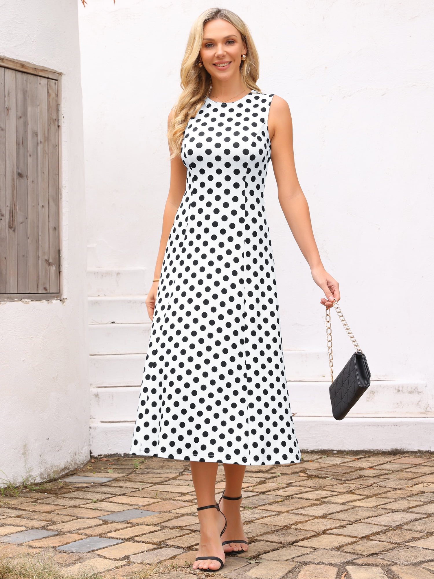 DARING DIVA Women's Polka Dots Sleeveless Sundress Vintage Crewneck Midi Dress M White