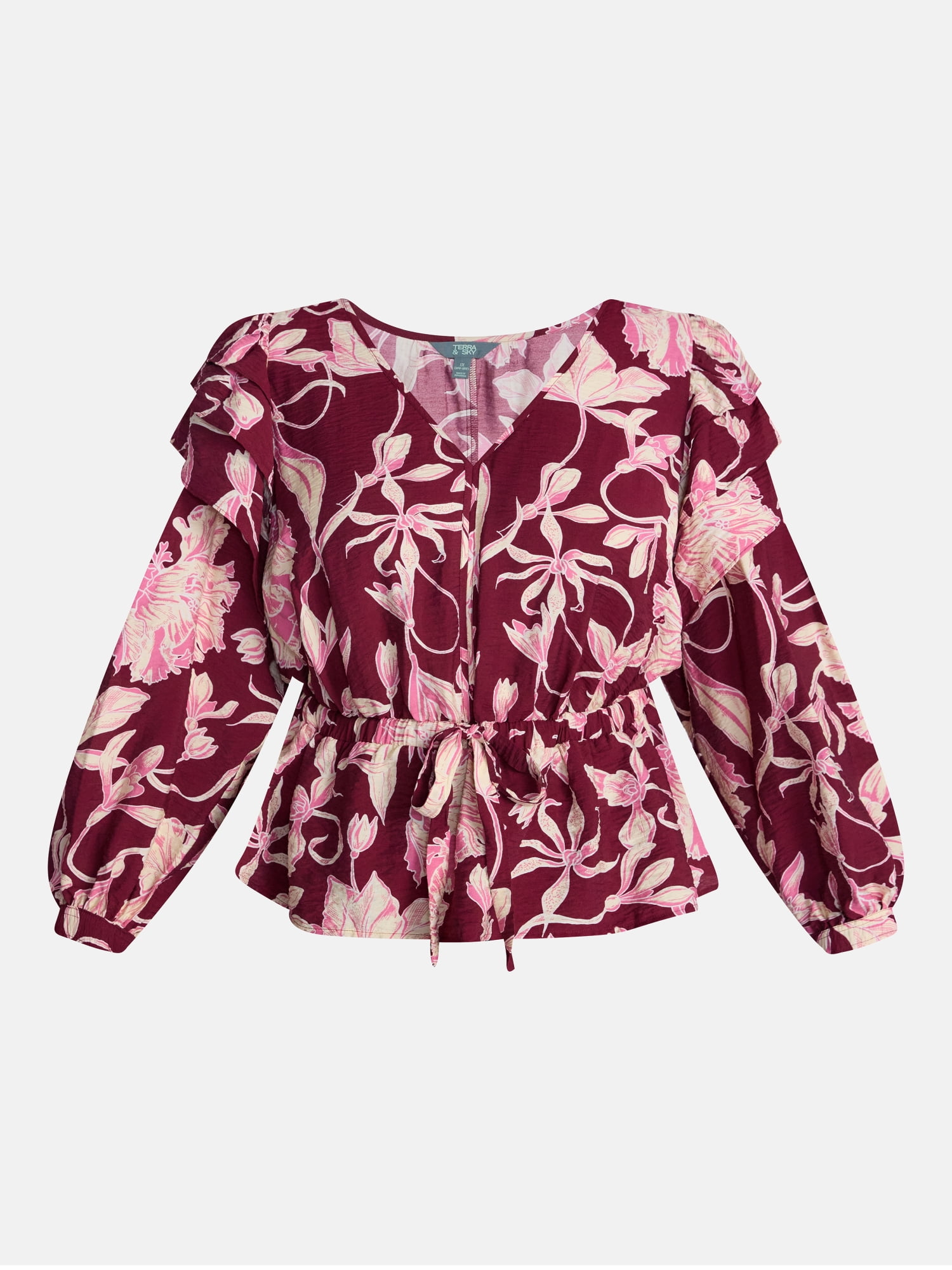 Terra & Sky Ruffled Shoulder Tie Waist Top with Long Puff Sleeves, Sizes 0X-5X