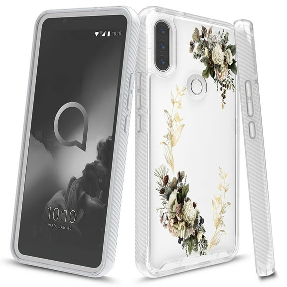 Alcatel 3V 2019 Case, KAESAR Graphic Design Shockproof Impact Resistant Protective Full-Body Rugged Clear Hybrid Bumper Case for Alcatel 3V 2019 (White Flower)