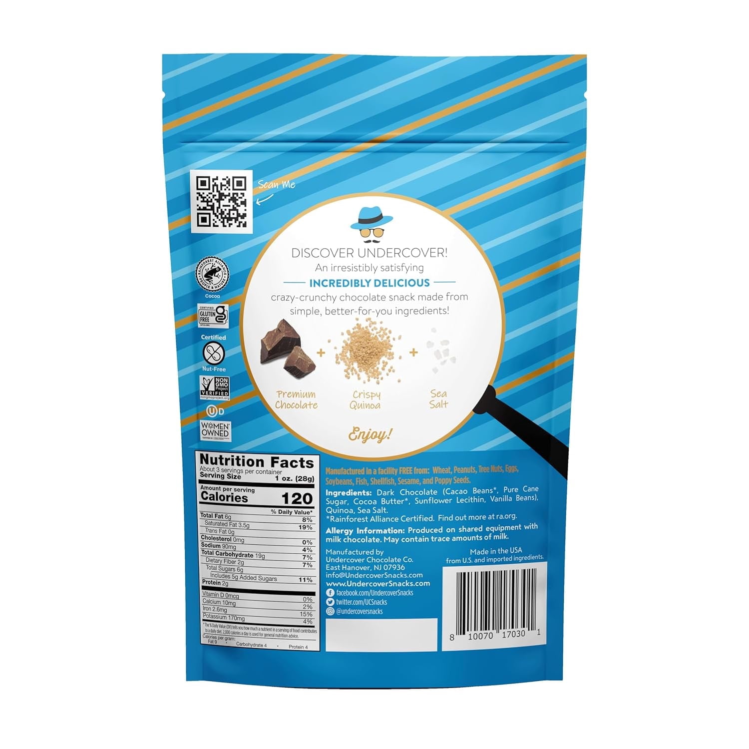 Undercover Snacks Chocolate Quinoa Crisps Gluten Free Non GMO Dark Chocolate + Sea Salt  3 oz  Pack of 3
