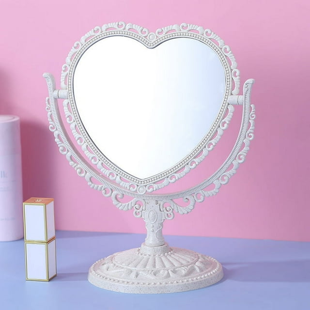 Espejo pequeño estilo vintage, espejo de tocador, espejo de escritorio de doble cara, espejo de corazón, espejo de maquillaje de escritorio