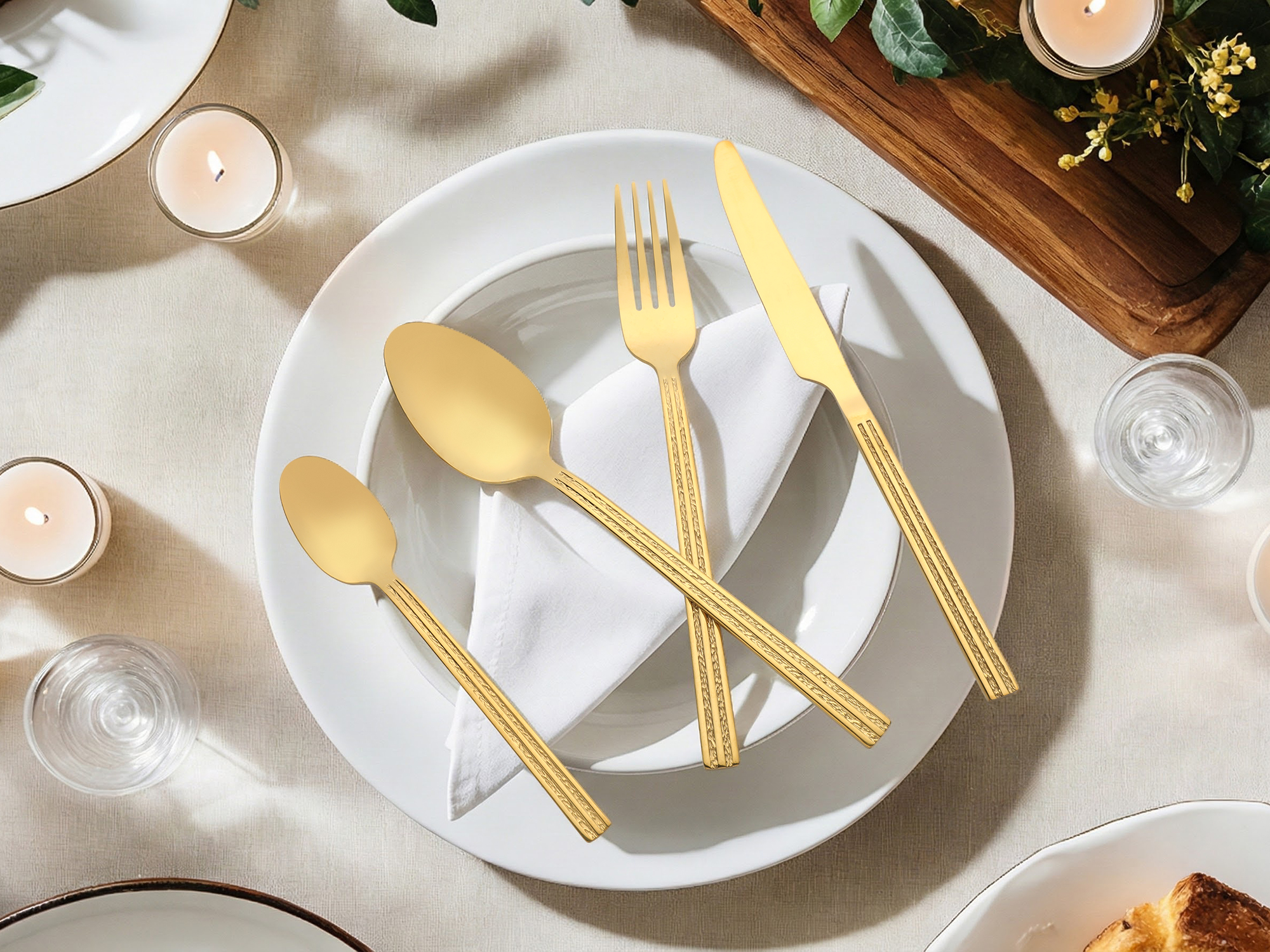 Unique Bargains Stainless Steel Flatware Set Knife, Fork, Spoon 4 Pieces Gold