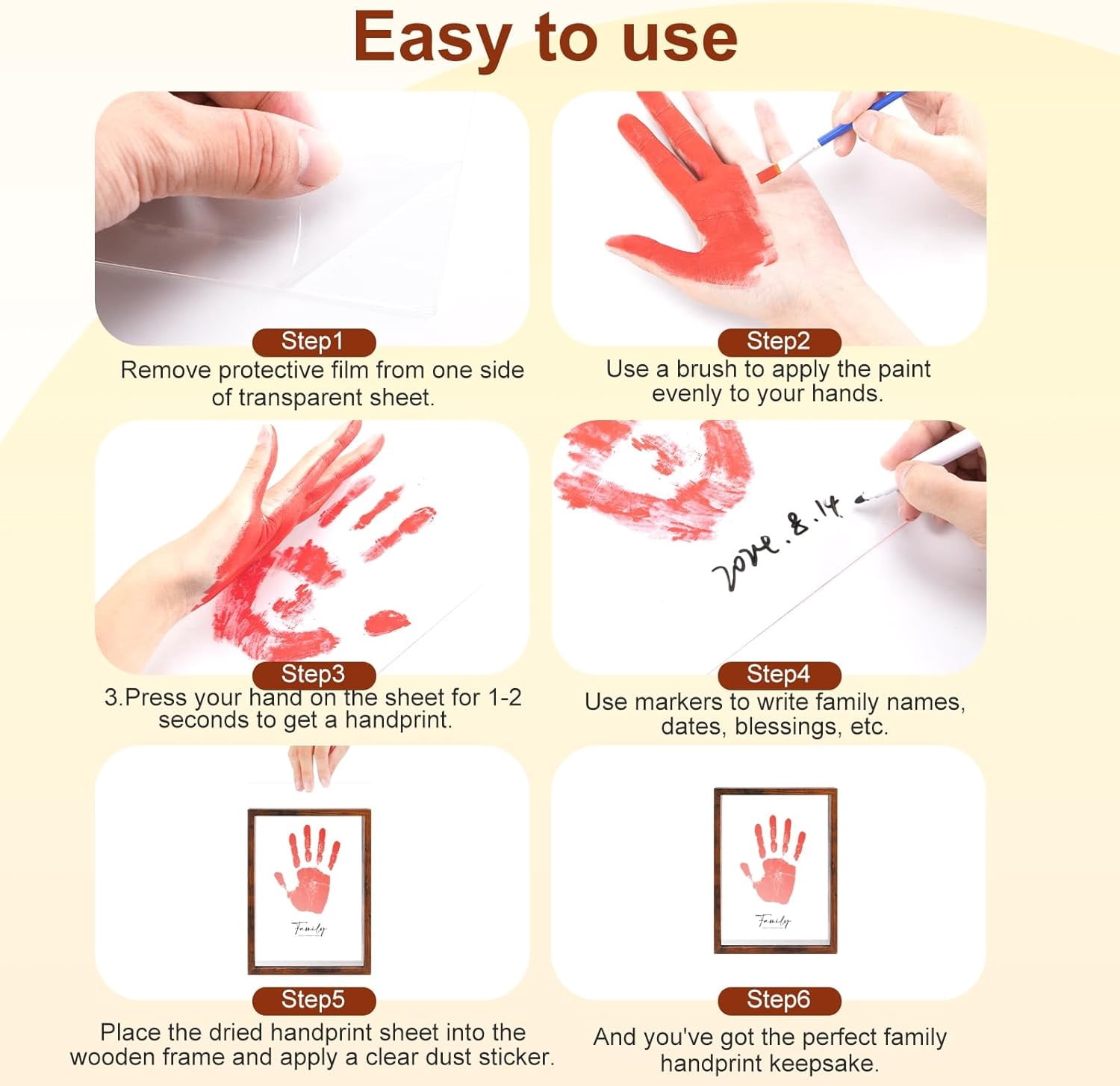 DIY Family Handprint Frame,Happon DIY Craft Keepsake Wooden Frame,Personalized Baby Hand and Footprint Gifts for New Parents Family,Family Handprint Kit with 6 Acrylic Paint Colors and Clear Sheets