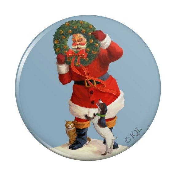 Christmas Holiday Santa Claus with Dog Cat Wreath Kitchen Refrigerator Locker Button Magnet
