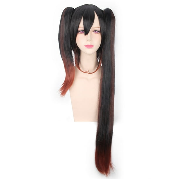 Peluca para cosplay con doble cola de caballo larga degradada negra y roja