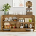 thumbnail image 3 of ONBRILL 60" Sideboard Buffet Cabinet with Storage, Curved Design Farmhouse Coffee Bar Cabinet with 4 Doors & Adjustable Shelves for Living Room, Kitchen, Hallway, Oak, 3 of 14