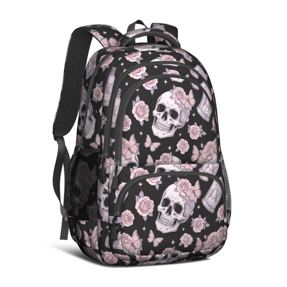 Skull and Butterfly Gothic Pattern Backpack for School, Cute School Bag with Adjustable Shoulder Straps and Padded Back, 16.9"x12.6"x5.9"