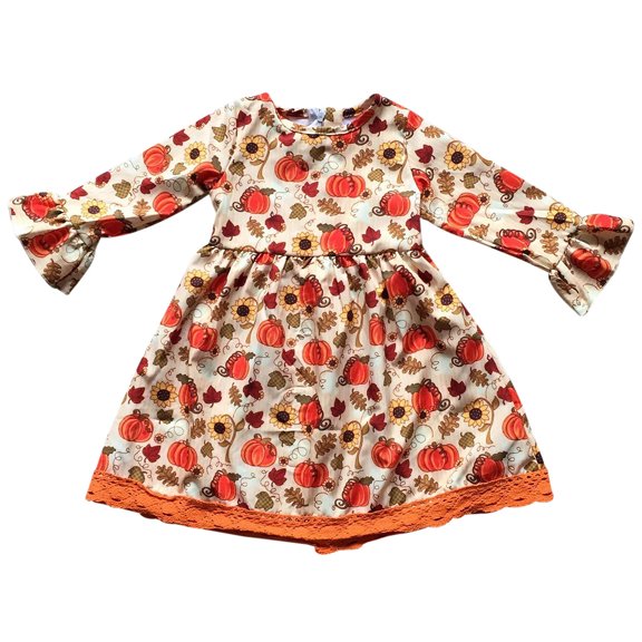 Toddler Girls Ruffle Lace Sleeve Pumpkin Halloween Party Fall Flower Girl Dress Orange 2T XS (P400538P)