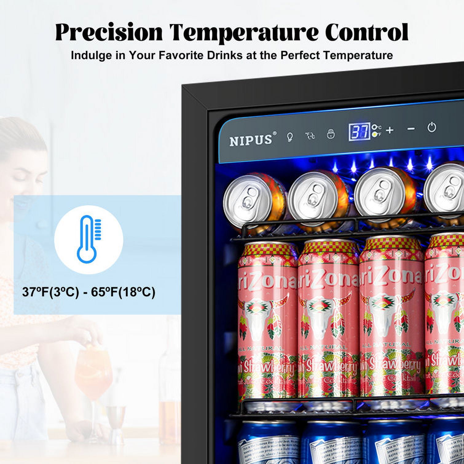 Nipus 15 inch 130 Can Beverage Fridge,Freestanding Built-in Wine Cooler with Glass Door