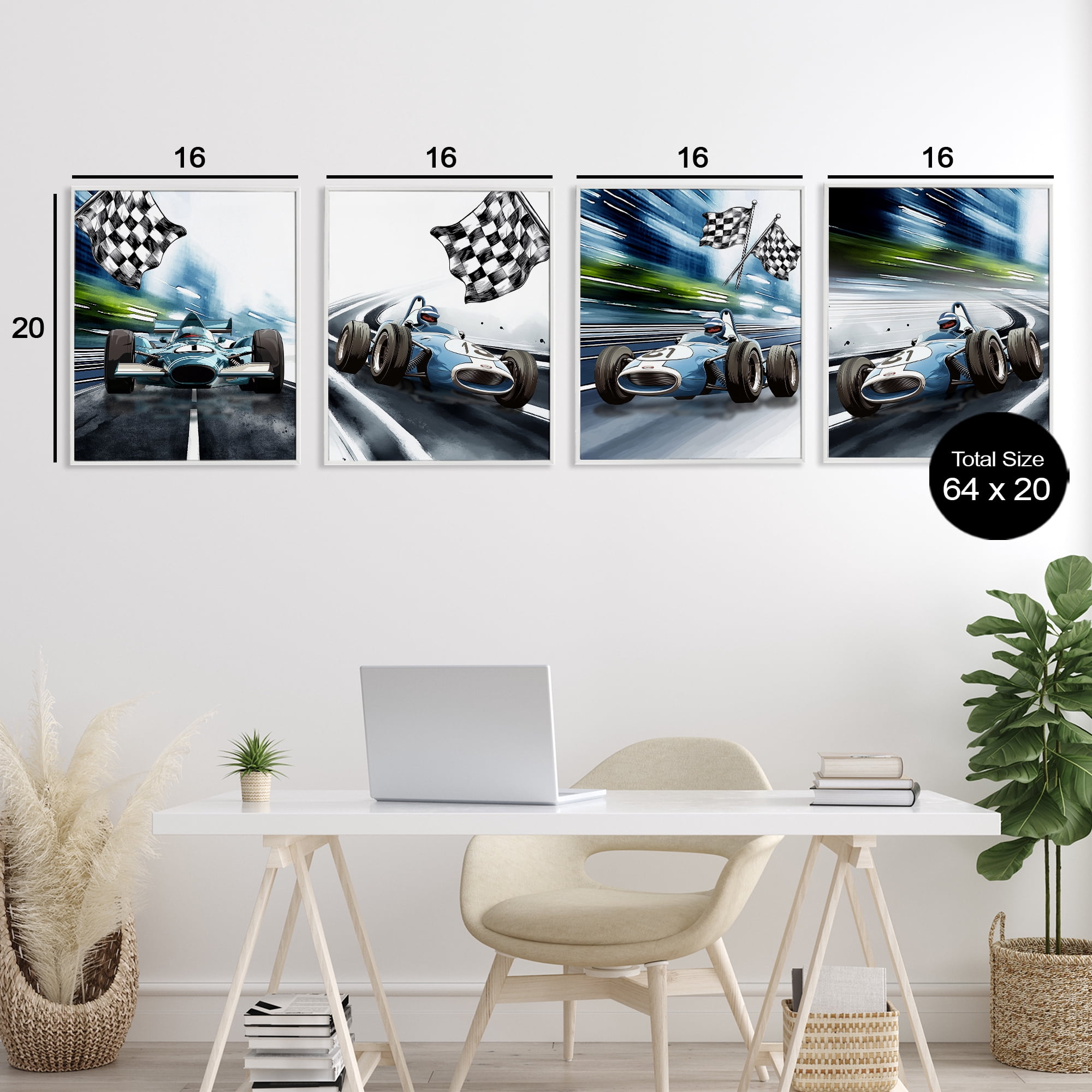 Stupell Industries Ready Set Racecars 4 Piece White Framed Giclee Art Set, design by Christine Simpson Art