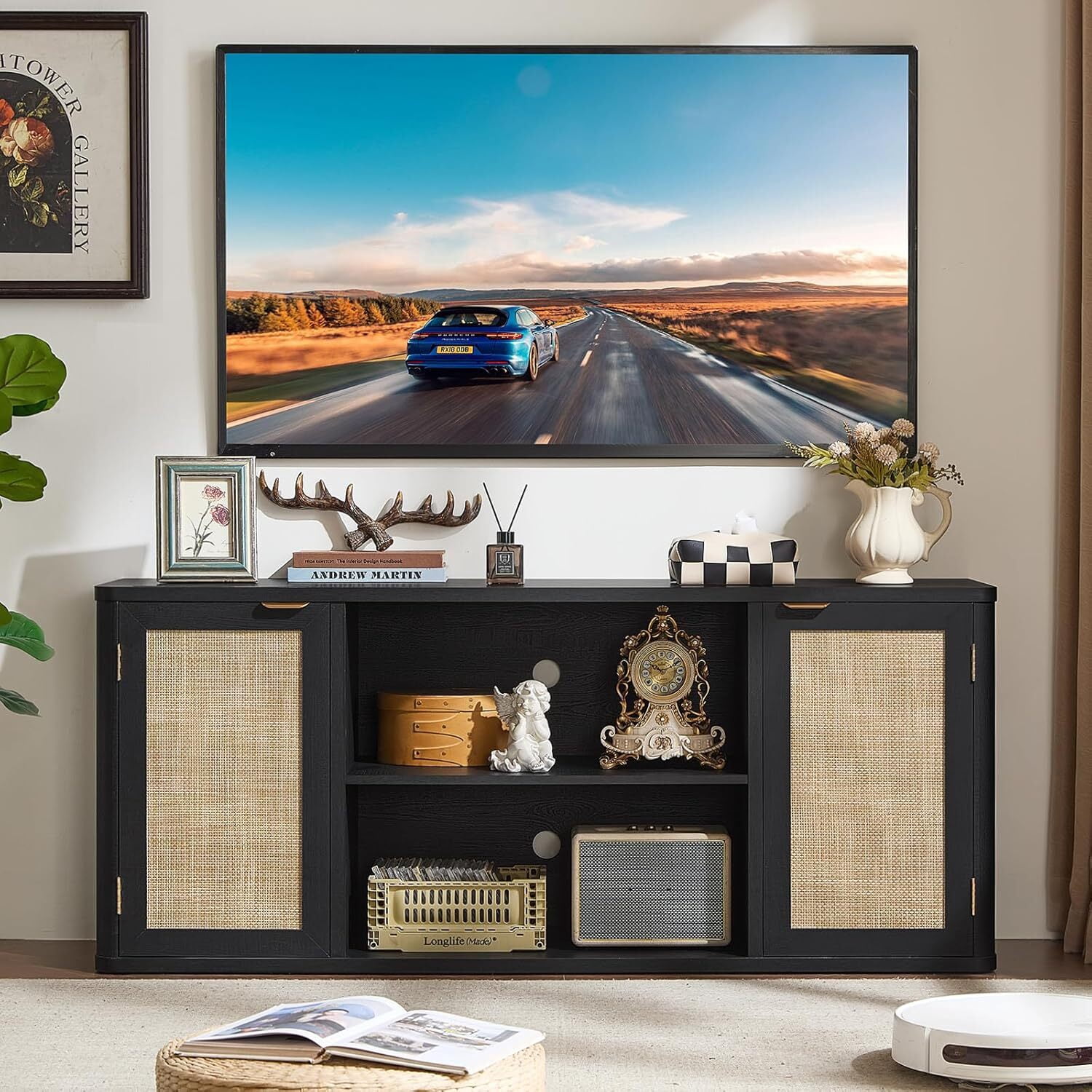 59"W Rattan TV Stand with 2 Doors– Large Boho Farmhouse TV Cabinet Media Console with Adjustable Shelves & Spacious Countertopfor Living Room, Black