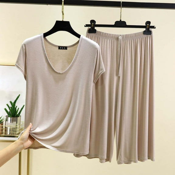pstuiky Short Pajamas for Women Fashion Solid Color Breathable Pajamas Set Summer Loose Fit V-Neck Short Sleeve Sleepwear with Shorts Beige L