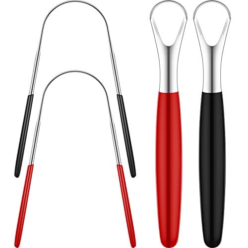 4 Pieces Tongue Cleaners Stainless Steel Tongue Scrapers Oral Tongue Brushes (U and Straight