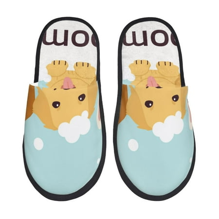 Balery Cute Dog In Bathtub1 Slient Indoor Furry Fleece Comfort House Shoes Soft Non-Slip Home Shoes Cotton slippers House Slippers-- Medium