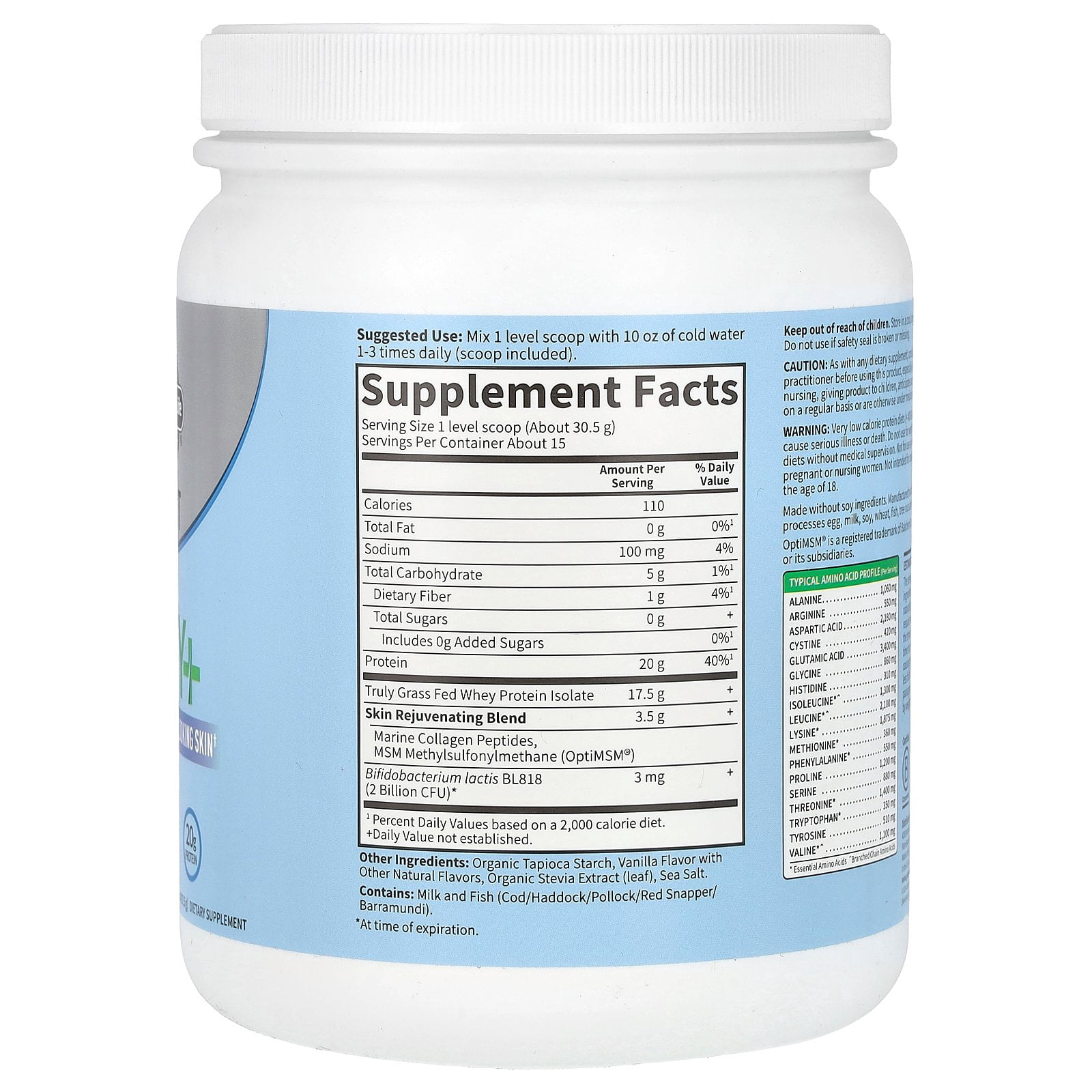 Garden of Life, Grass Fed Whey+Skin Protein Powder, Vanilla, 16oz