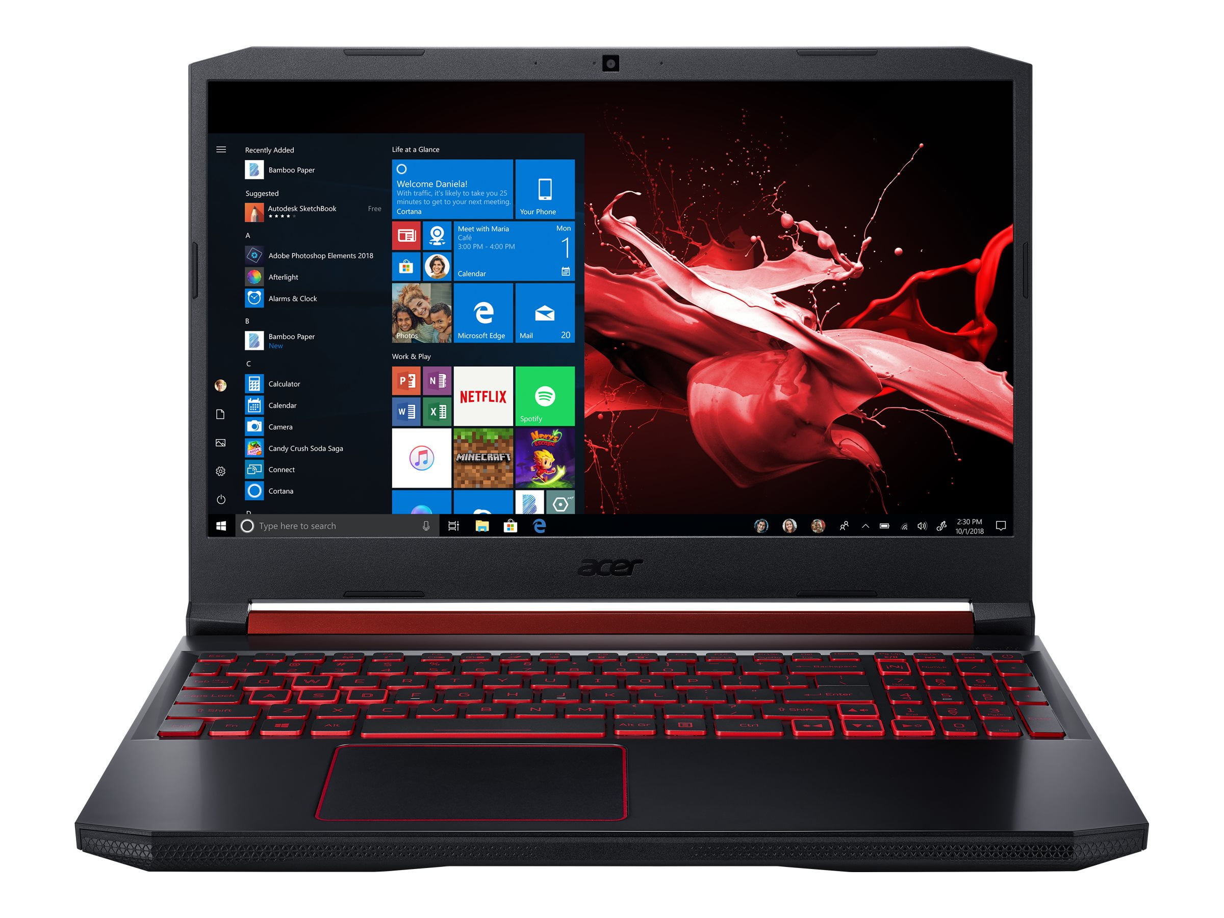  A black and red gaming laptop with the Acer logo on the lid and a Windows 10 operating system.