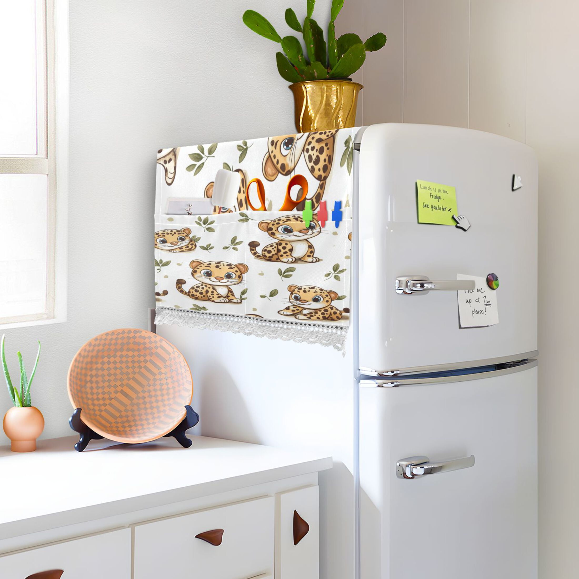 Cute Cartoon LeopardsWasher and Dryer Covers Dust-Proof and Oil Resistant Fridge Cover with 4 Storage Pockets Washing Machine Top Cover for Laundry Kitchen Home 51.2 x 22 In