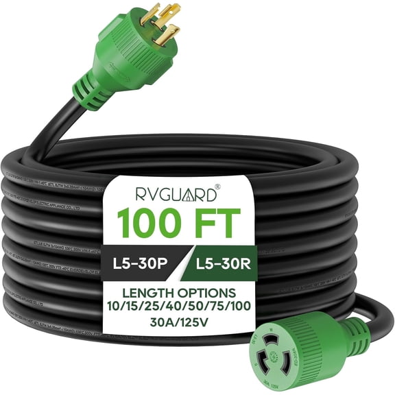 RVGUARD 3 Prong 30 Amp 100 Foot Generator Extension Cord, NEMA L5-30P/L5-30R 125V 10 Gauge SJTW Generator Power Cord with Cord Organizer, ETL Listed