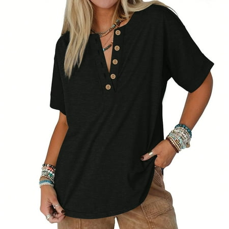 Lace Corset Tops For Women  Short Sleeve T Shirts Button V Neck Cute Tunic Tops Basic Tees Blouses Loose Fit Pullover Ladies Tops And Blouses Turtleneck Women Tank Top Casual (S  Black) ZMTing