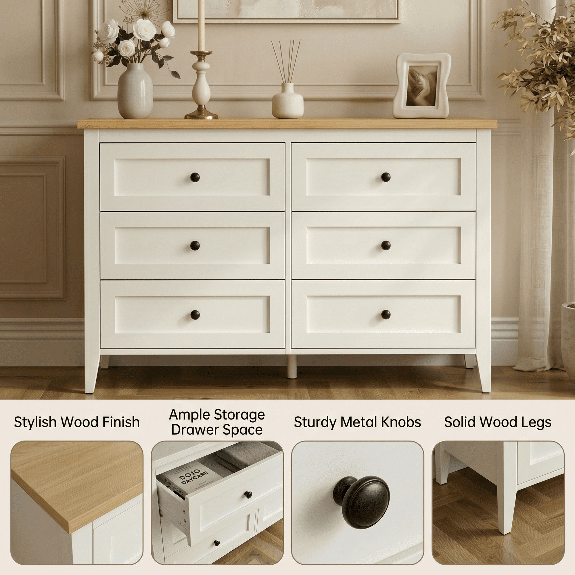 RichYa 6 Drawer Dresser for Bedroom,Chest of Drawers with Metal Knobs,Dresser for Closet,Kids,Wood