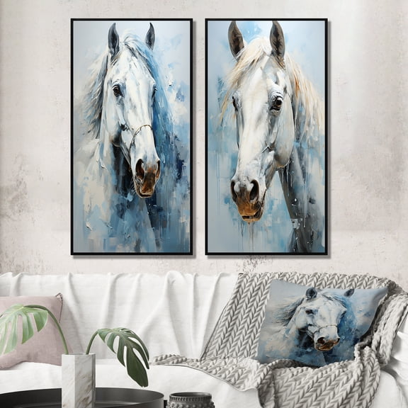 Designart "White Blue Horse Serenity Revealed Painting II" Horse Framed Wall Art Set Of 2 - White Animals Framed Wall Art Set Of 2