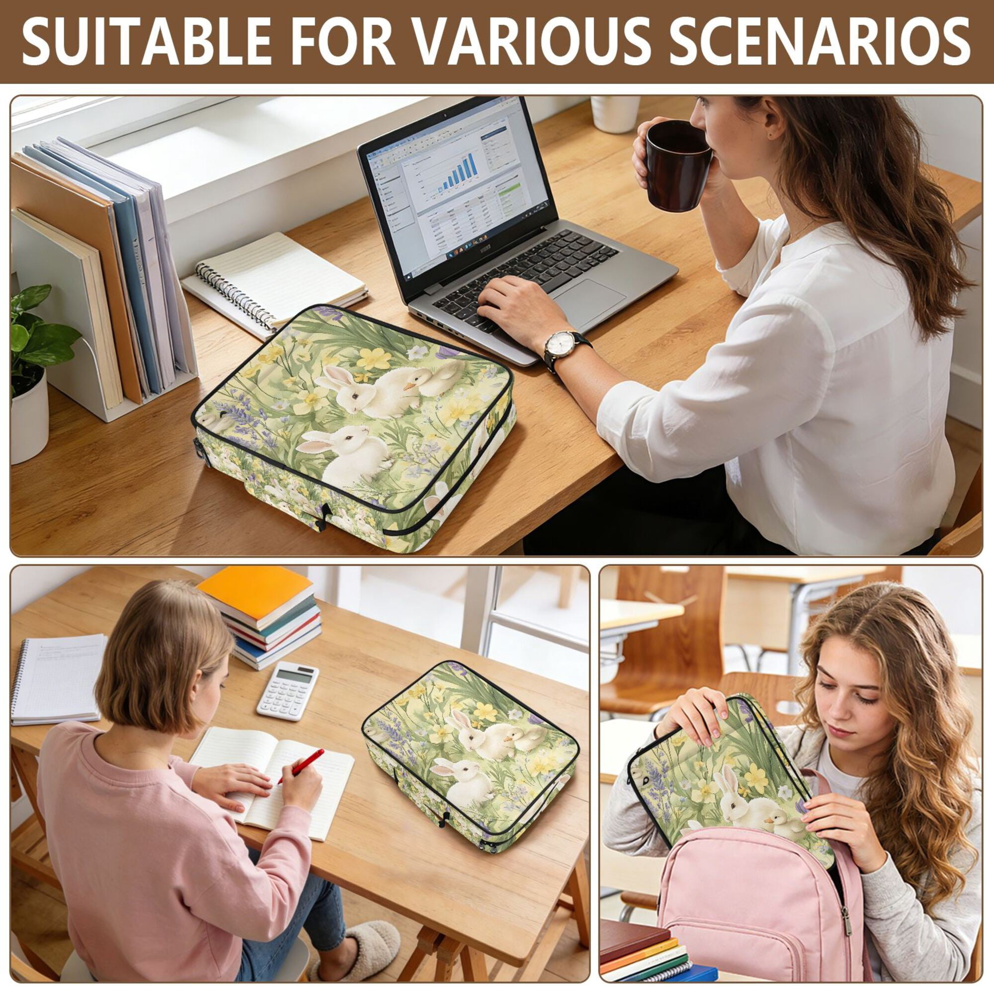 FORMRS Accordion File Folder A4 Size 7-Pocket Expanding Document Organizer Bag with 3 Ring Binder, Yellow Floral Rabbit