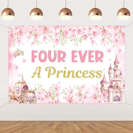 Princess 4th Birthday Party Decorations Girls, Four Ever A Princess Birthday Backdrop Pink Gold 5x3ft Photography Background for 4 Year Old Girl Birthday Decor Supplies